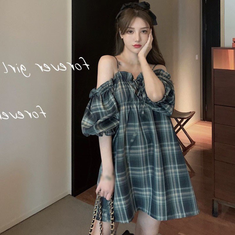 French Strap Off Shoulder Bubble Sleeve Fairy Retro Waist Check Dress | BigBuy360 - bigbuy360.vn