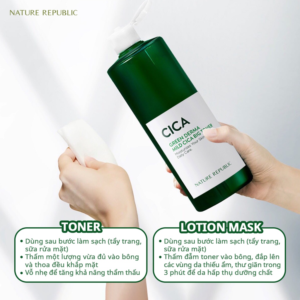 Nature Republic Nước hoa hồng làm dịu và phục hồi da Green Derma Mild Cica Big Toner 500ml