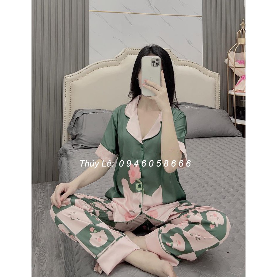 Bộ ngủ lụa cộc tay quần dài MẪU MỚI, chất lụa satin mềm mịn, mát, không bai xù. Tem SAM, freesize 40-60kg.