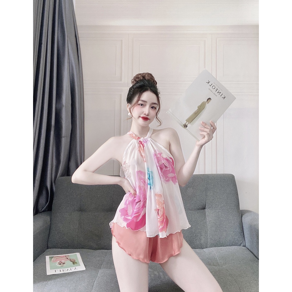 Bộ đồ ngủ nữ Yếm hoa nhẹ mướt quyến rũ- Quần áo mặc nhà lụa Latin cao cấp Pháp mềm mịn, thoáng mát, gợi cảm-BZP29