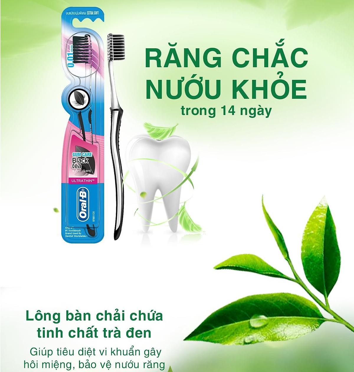 Bàn chải Oral B Tinh chất trà đen Vỉ 3 cây (2 tặng 1) (khuyên dùng bởi Nha sĩ)