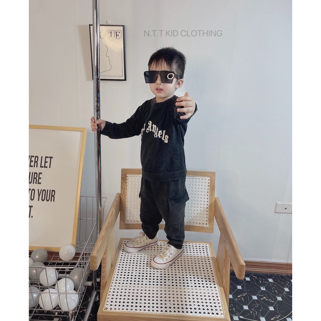 Quần áo thu đông bé trai, set bộ quần áo jean wash dày dặn, mềm mại túi hộp cho bé