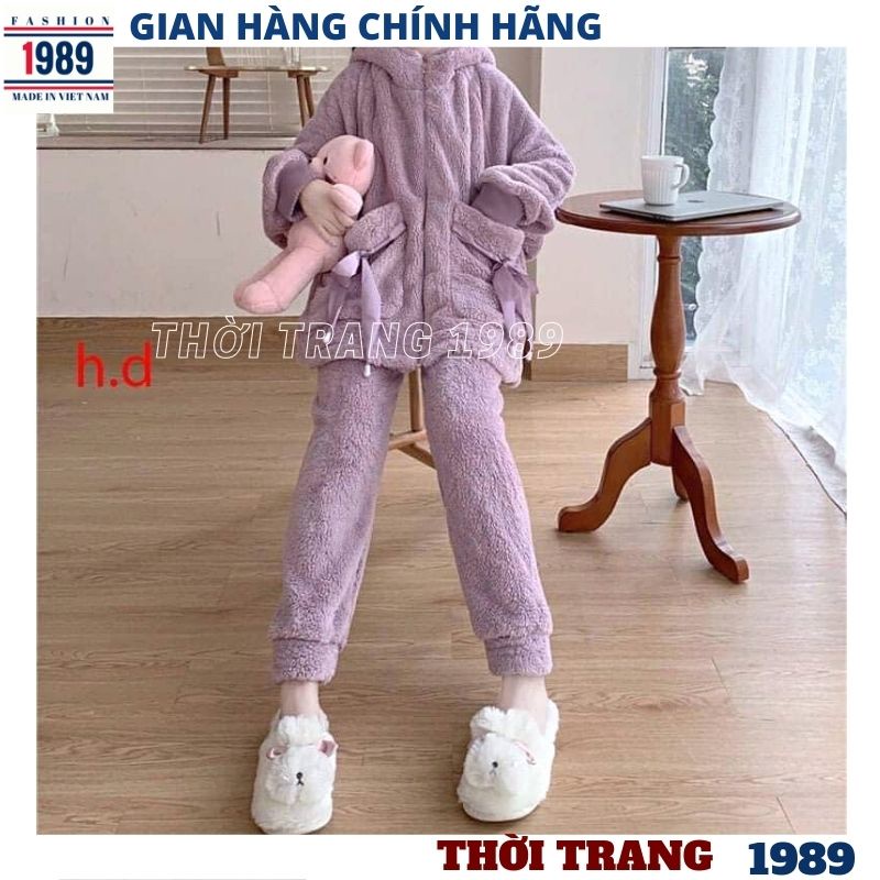 Bộ đồ mặc nhà lông cừu ấm áp nơ túi 2 mầu tím hồng ,bộ ngủ lông gấu nữ kute dễ thương -PHƯƠNG 1989