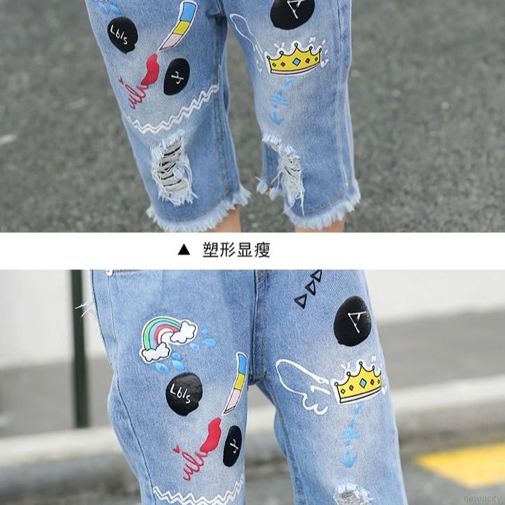 Quần jean rách in hoạt hình phong cách Hàn Quốc cho bé gái