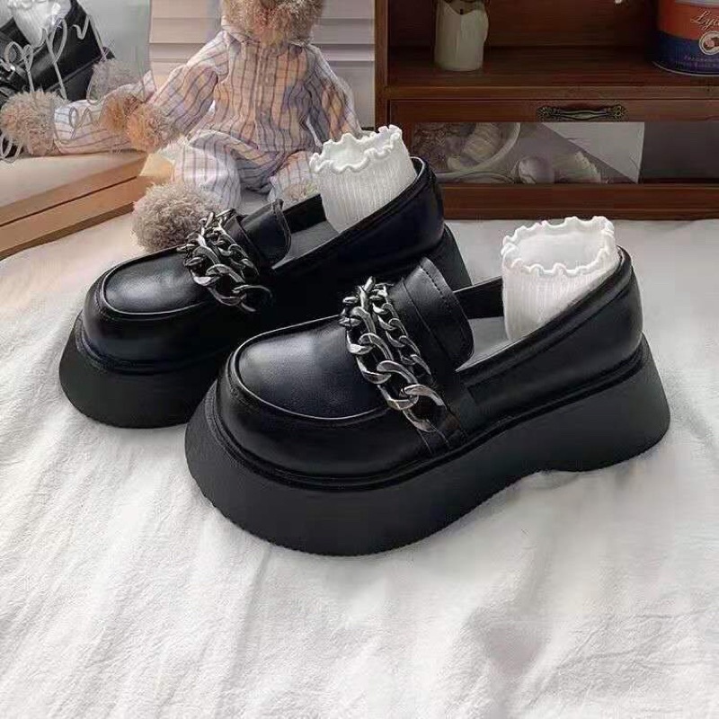 Giày oxford da lolita đế cao phối dây xích ngang phong cách retro