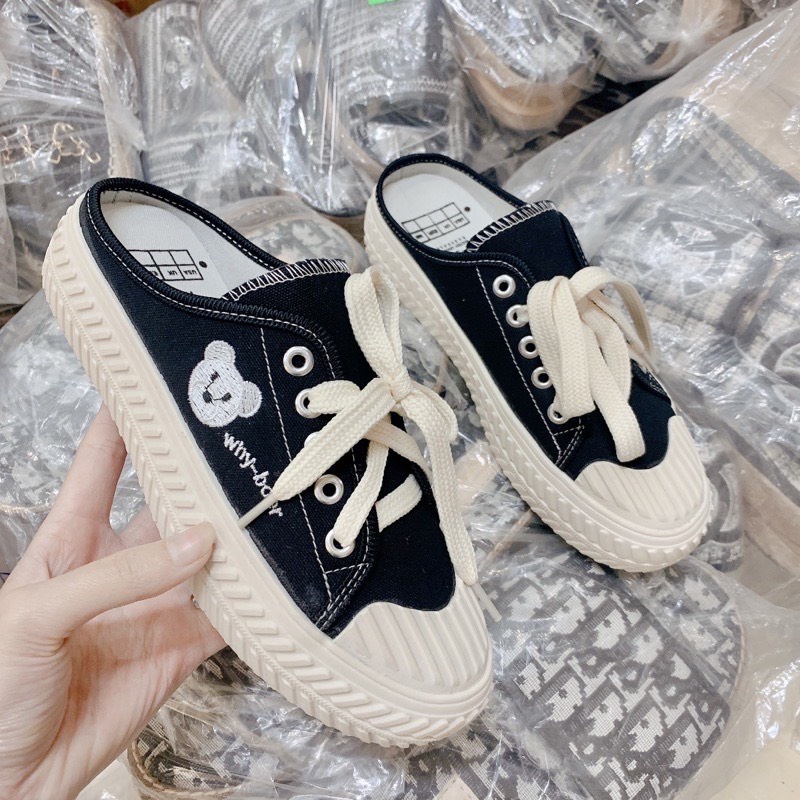 Giày sục nữ thể thao hình gấu chất liệu vải canvas đế độn cao 3 cm trẻ trung tiện lợi