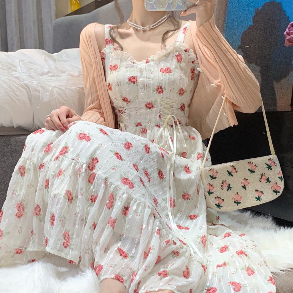 Đầm Chiffon Dệt Kim Lụa Lạnh Dệt Kim Cột Dây Họa Tiết Hoa Thời Trang Mùa Hè Hàng Mới