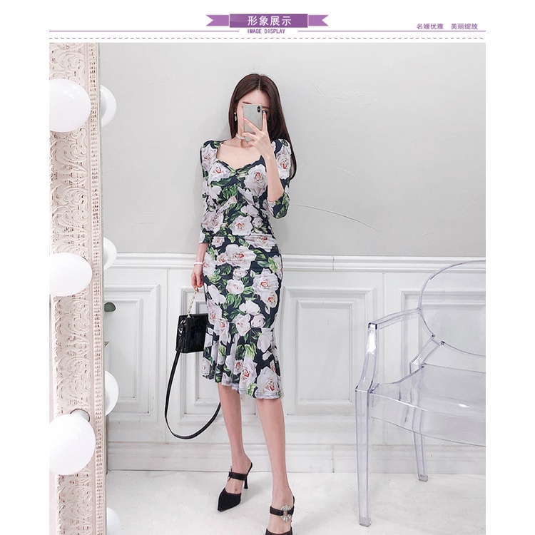 Đầm tay dài dáng ôm đuôi cá hoa lá mix màu xanh
