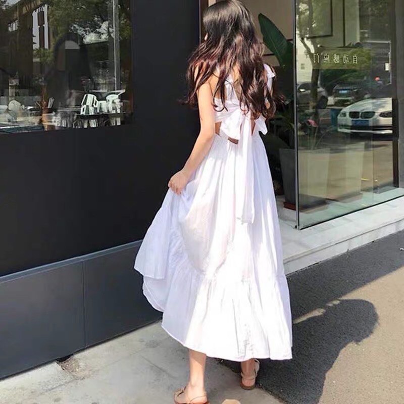 [HÀNG LOẠI 1] Váy maxi đi biển hở lưng / Đầm maxi trắng dài thắt nơ sẵn hàng kèm video | BigBuy360 - bigbuy360.vn