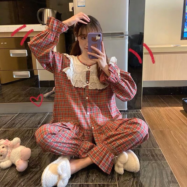 BN4_Bộ ngủ pijama, bộ mặc nhà dài tay cổ ren tiểu thư công chúa cotton ulzzang Hàn quốc | BigBuy360 - bigbuy360.vn