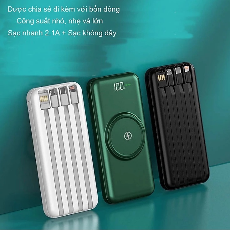 Sạc dự phòng mới 2023, Pin dự phòng Dung lượng 20000mAh, Tích hợp sạc không dây, Kèm 4 đầu dây sạc, cho di dộng