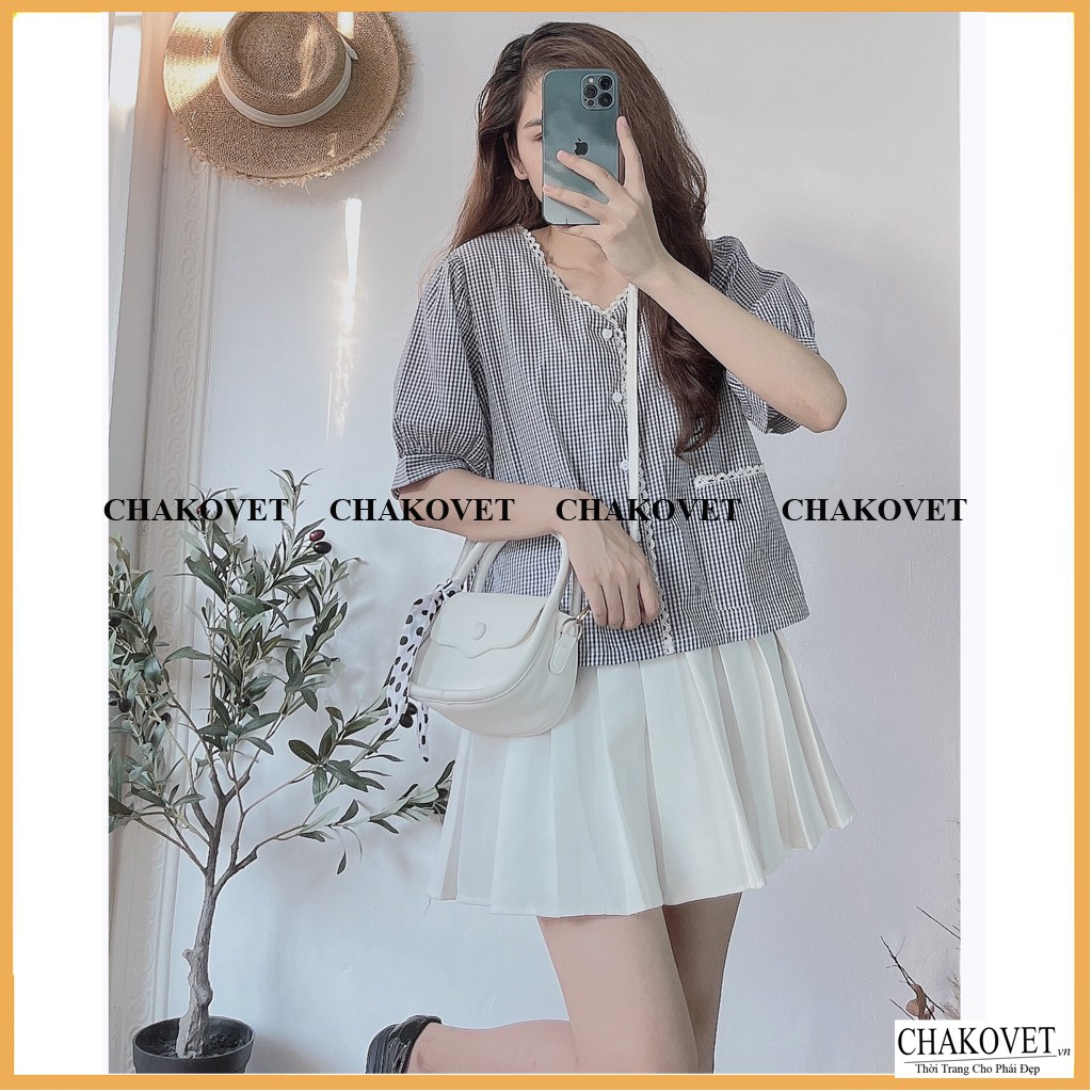 Áo sơ mi nữ ngắn tay đẹp kiểu kẻ CKA867, áo kiểu nữ cổ V viền ren 2 túi phong cách mới kiểu dáng hàn quốc Retro freesize | BigBuy360 - bigbuy360.vn