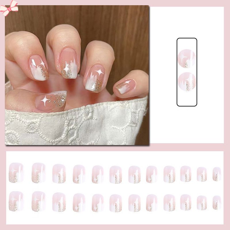 Set 24 Móng Tay Giả Hình Đám Mây Màu Trắng Có Thể Tháo Rời