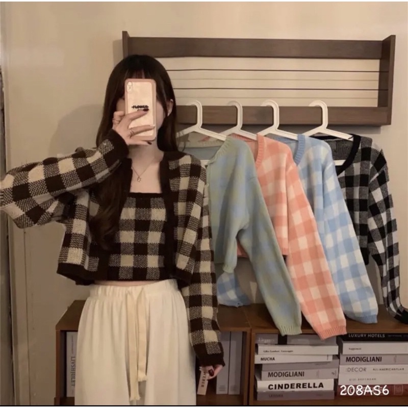 Set cadigan len kèm bra len 2 dây kẻ caro dáng croptop - 208AS4