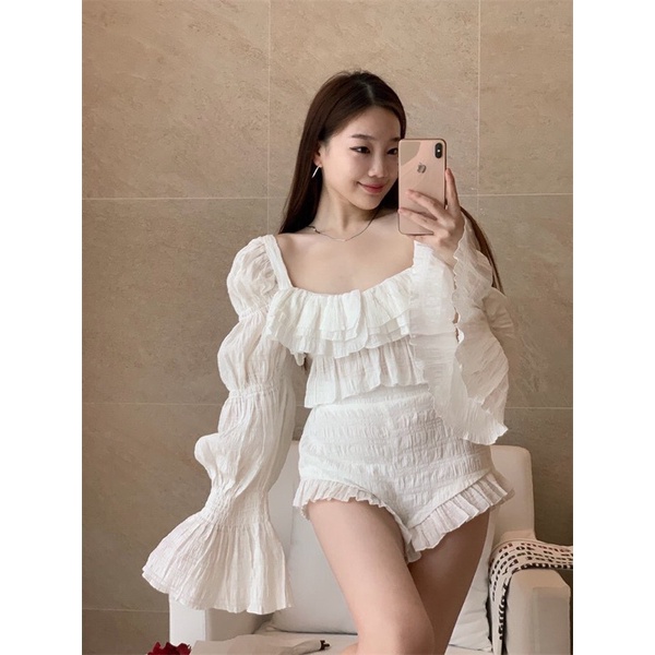 SÉT ÁO KIỂU TAY BỒNG NHÚN CROP+SHORT