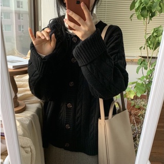 (SẴN ĐEN) Áo cardigan len cổ tròn, vặn thừng (có ảnh thật)