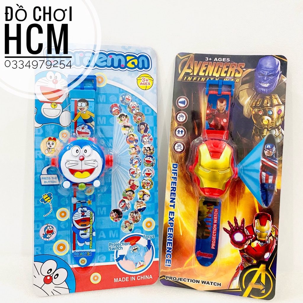 [NHIỀU MẪU] Đồ chơi trẻ em đồng hồ đeo tay chiếu hình ảnh lên tường 3D Spider man, Hello Kitty, Doremon, Iron man BH289