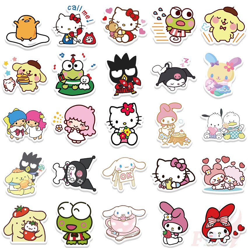 Set 100 miếng sticker nhân vật hoạt hình Melody Kuromi Kerokero Keroppi Cinnamoroll Hello Kitty dán trang trí DIY