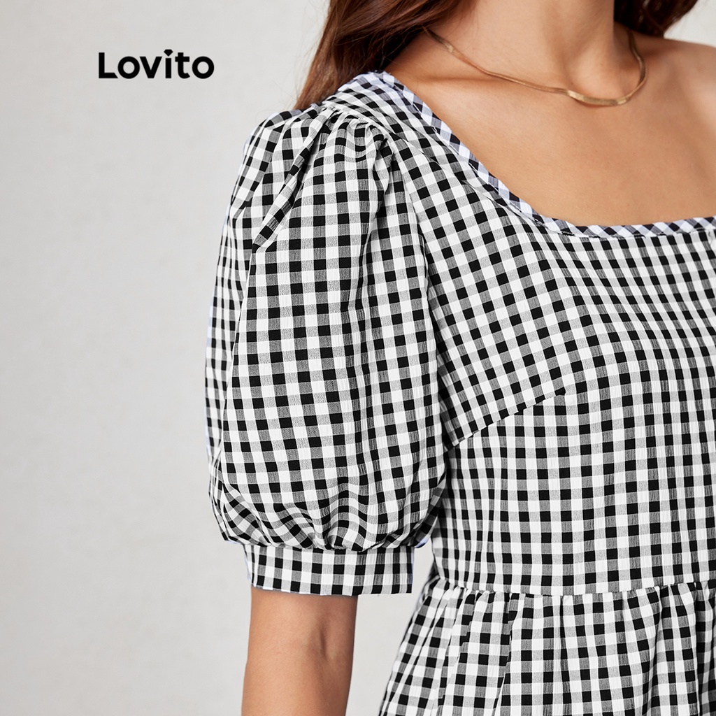 Lovito Đầm tay phồng cổ vuông giản dị Gingham L24LD012 (Đen trắng)