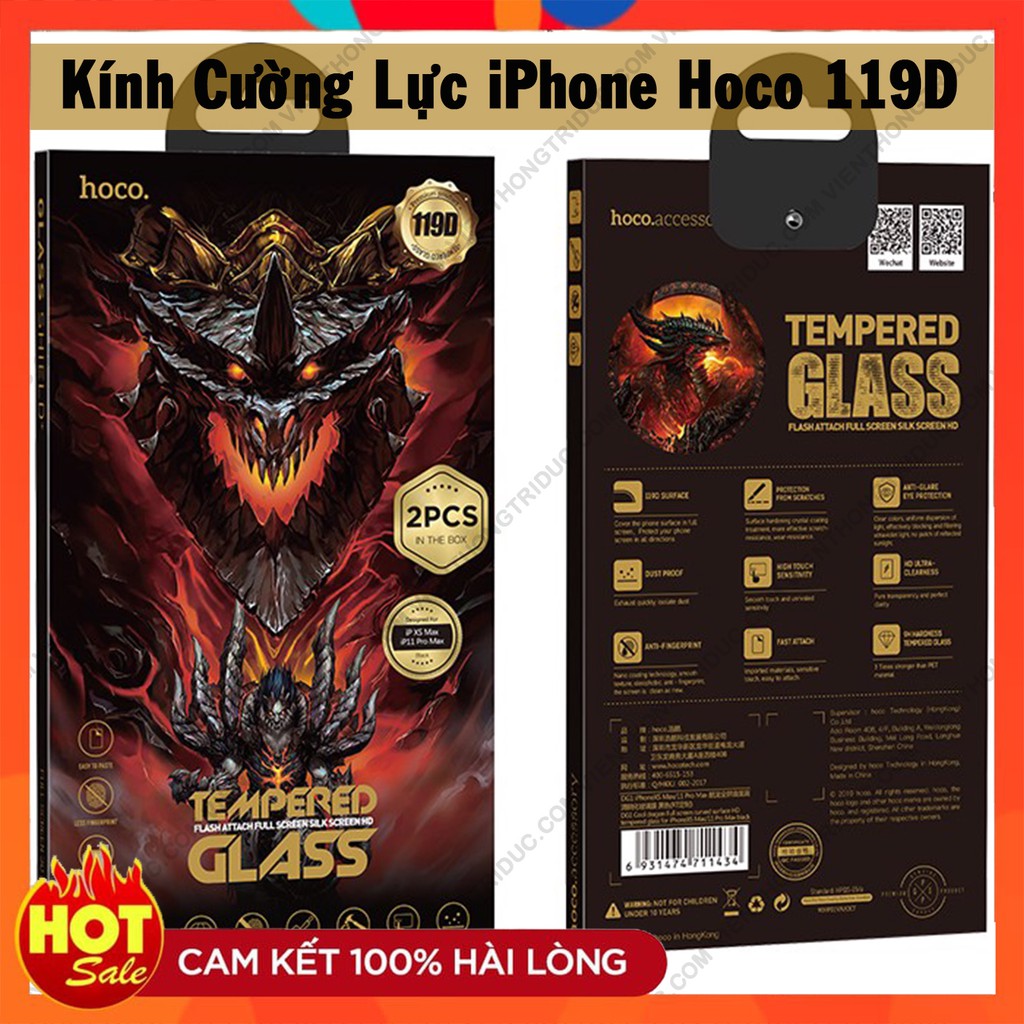 🔓𝙎𝙞𝙚̂𝙪 Đ𝙚̣𝙥🔓 Kính Cường Lực  iPhone Hoco 119D -Viền Phủ Tràn Màn Hình-Chịu Lực-Dễ Dán-Chống Bể-Chống Bám Vân Tay