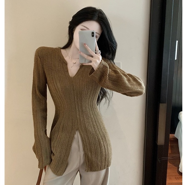 QKOOLE Áo dệt kim tay dài cổ chữ V đơn giản phong cách Hàn Quốc