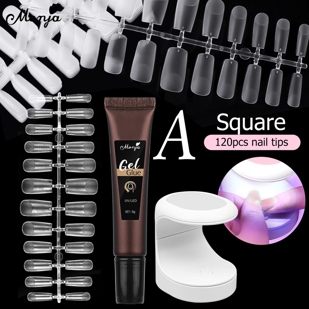 Monja Nail Art Extension Kit Máy sấy móng tay LED 6W 15g UV Gel cho Matte Square Long Coffin Almond Mẹo làm móng giả 3 cái / bộ