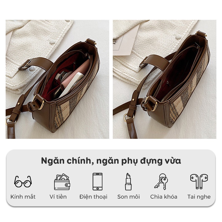 Túi xách nữ đẹp đeo chéo kẹp nách MUNGA chất liệu da cao cấp họa tiết kẻ thời trang công sở đi làm đi chơi TMG16
