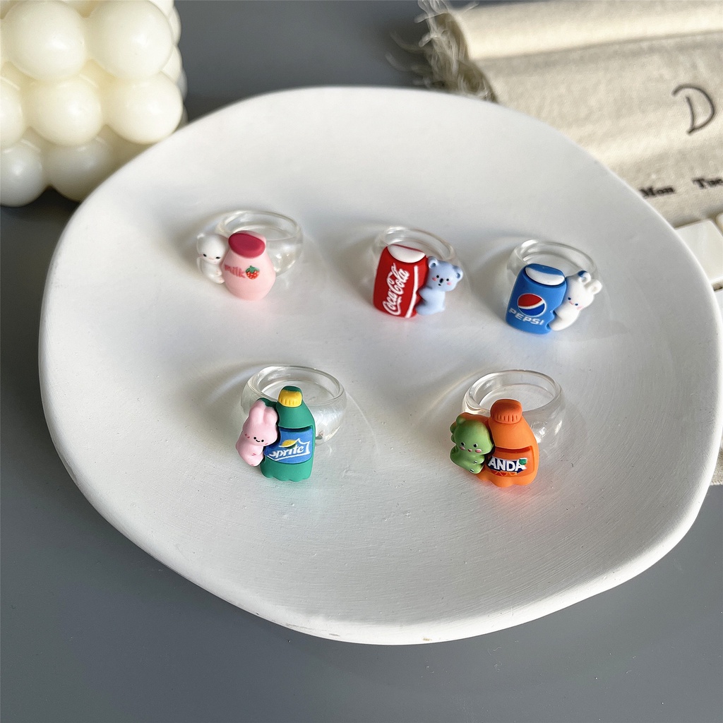 Nhẫn Resin Hình Bình Sữa / Mèo / Thỏ Hoạt Hình Dễ Thương Đơn Giản
