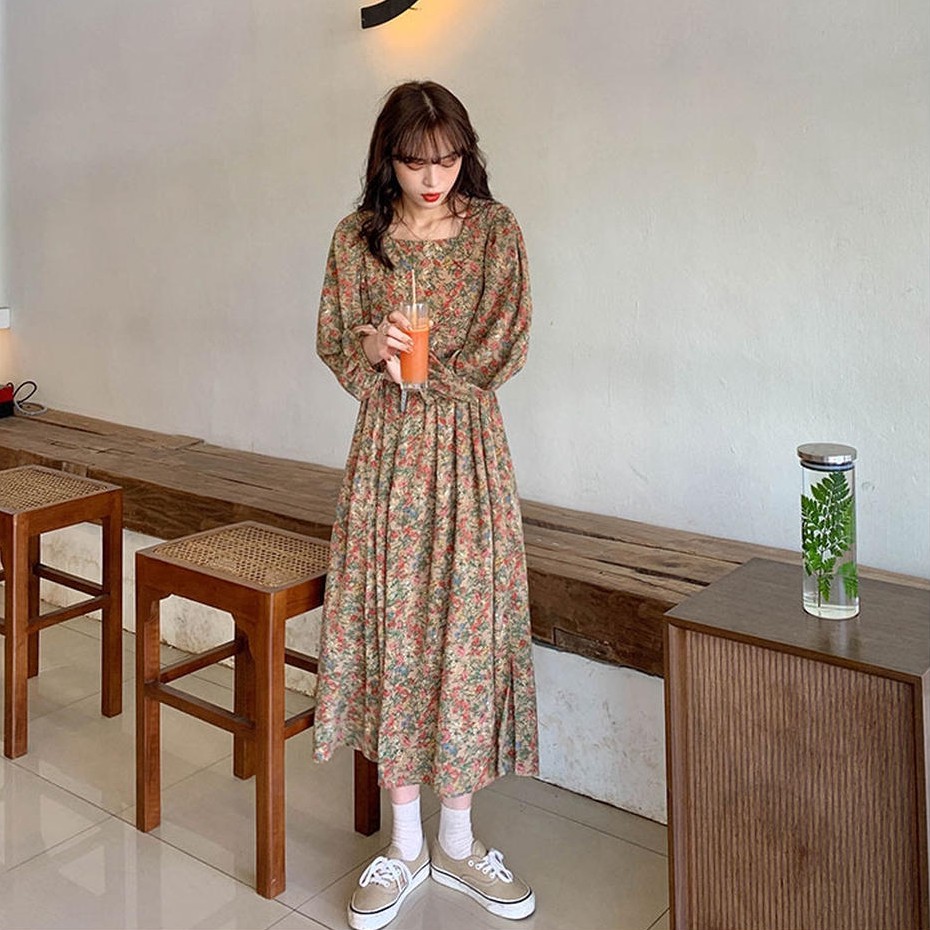 Đầm Cổ Vuông Tay Phồng Họa Tiết Hoa Phong Cách Pháp Hàng Mới 32750