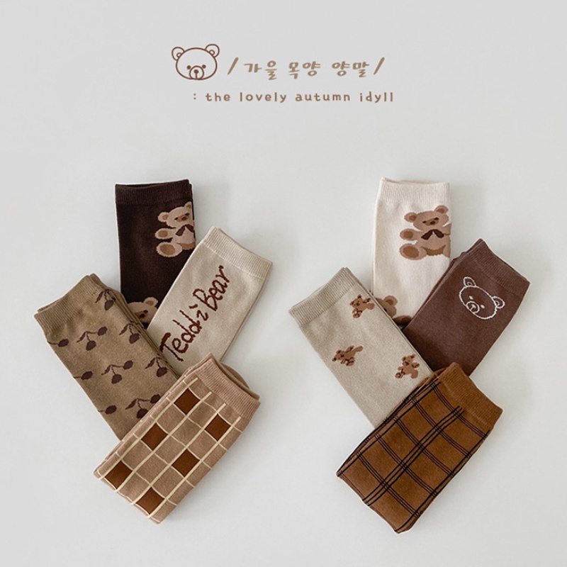 Set 4 đôi vớ KOKOROCARE MSW-28 cotton dài đến đầu gối in hình gấu mocha thời trang mùa thu 2022 dành cho bé 3-8 tuổi