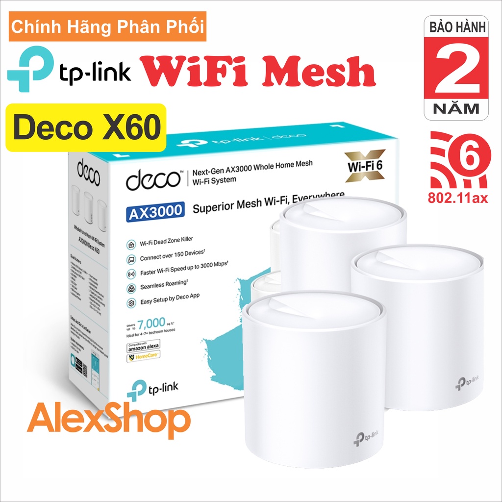 [Chính Hãng] TP-Link Deco X60 (3pack) Hệ thống Wi-Fi 6 Mesh cho Gia đình AX3000 Độ Phủ MAX 600m2 150 Thiết Bị