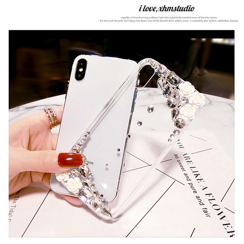 Bling Hoa Trắng Kim Cương Lấp Lánh Ốp điện thoại Cho iPhone 14 13 12 11 Pro Max X XR XS 7 8 Plus Nữ Sang Trọng Lấp Lánh Kim Cương Giả Trong Suốt Mềm TPU Ốp điện thoại