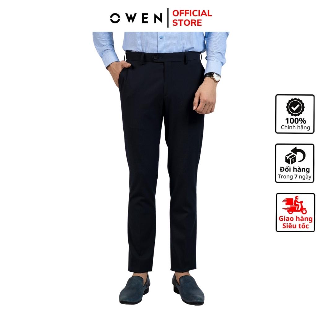Quần âu tây nam công sở cao cấp OWEN QST220511 dáng slim fit ống ôm cạp chun dài chân màu navy trơn vải sợi tổng hợp
