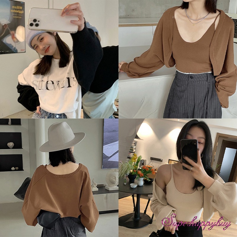 Áo Cardigan Dệt Kim Tay Dài Dáng Ngắn Thời Trang Cho Nữ