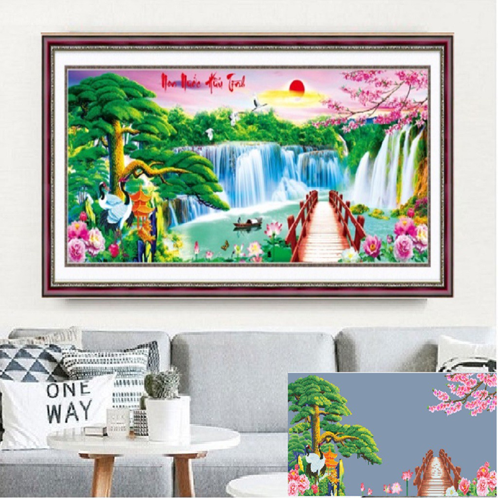 Tranh thêu chữ thập phong cảnh non nước hữu tình KT:151x65cm. Tặng kéo và xỏ chỉ.