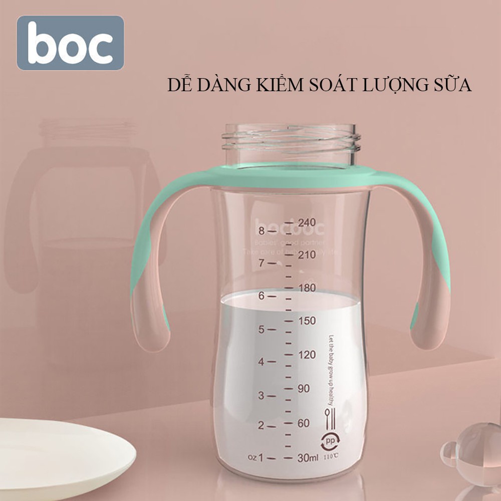 Bình sữa chống sặc, Bình Sữa BOCBOC 3 Trong 1 có ống hút cổ rộng có tay cầm dung tích 240ml cho bé