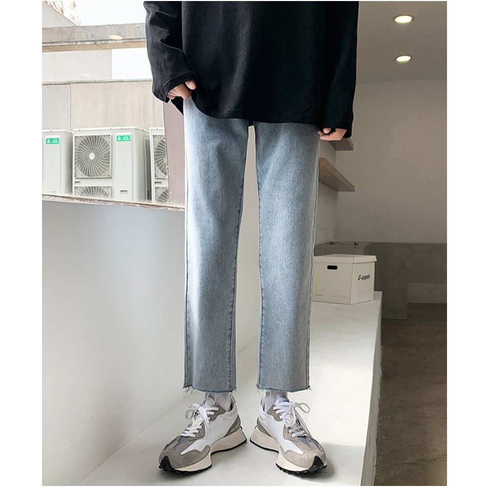 [Tiền Nào Của Đấy]Quần Jean Baggy Nam Cắt Gấu Ống Rộng Màu Xanh Trơn Basic Unisex Vải Co Giãn-B02