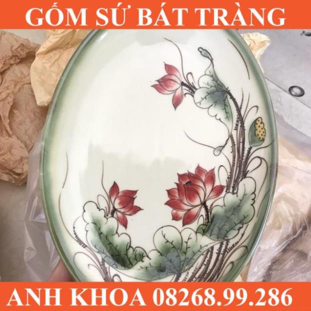 Đĩa bầu dục vẽ hoa sen Bát Tràng số 2 - Gốm sứ Bát Tràng Anh Khoa