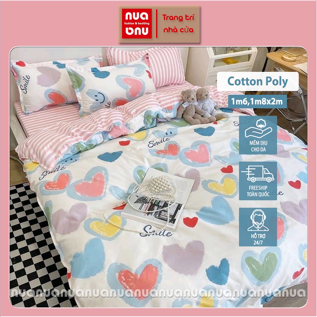 Bộ ga giường cotton poly vỏ chăn gối bọc đệm nệm lồng ruột chăn họa tiết trái tim tâm hồn mộng mơ trang trí giường ngủ