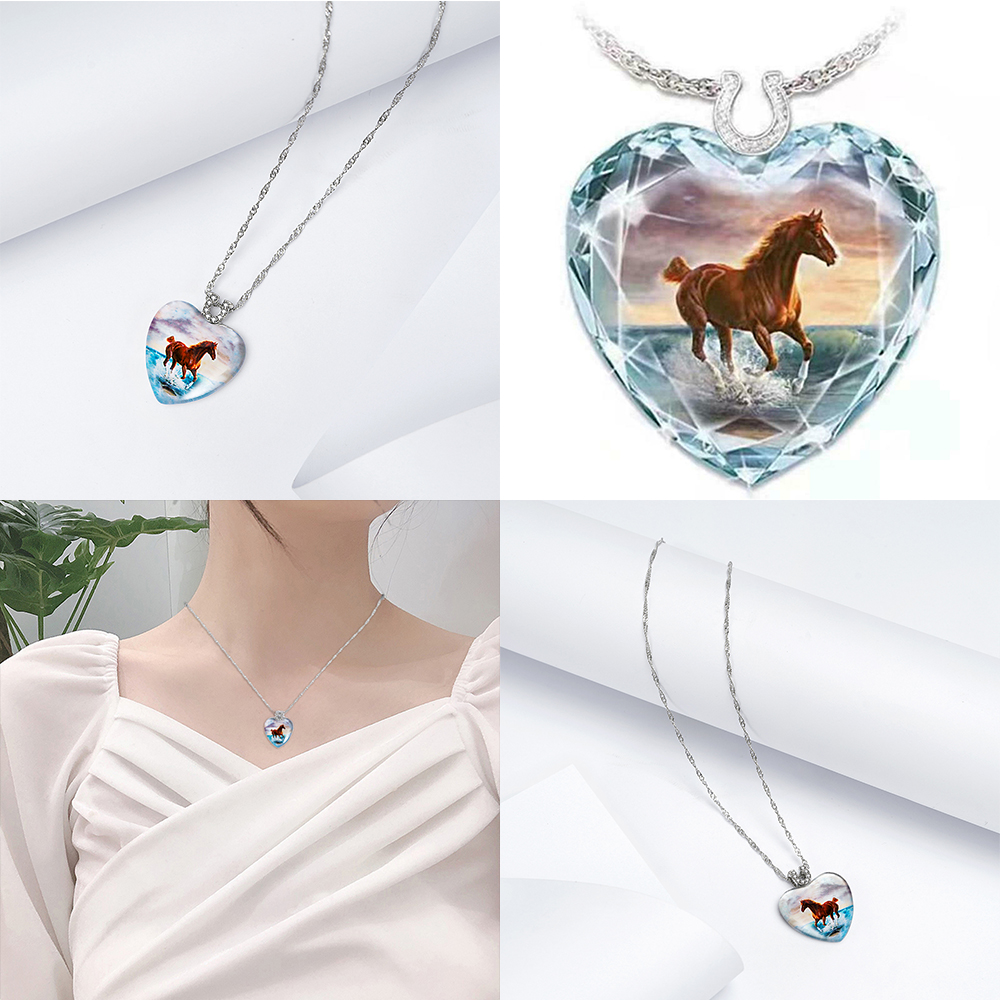 Dây chuyền mặt dây hình trái tim pha lê họa tiết ngựa thời trang cho nữ