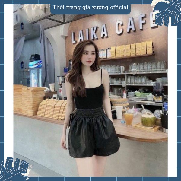 Quần short da cạp chun bản to 2 màu đen/ nâu