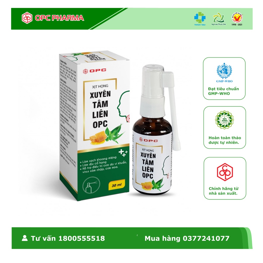 [SP Mới] Xịt họng Xuyên Tâm Liên OPC (30ml) - Ngăn ngừa vi khuẩn xâm nhập, làm sạch khoang miệng, dịu họng.