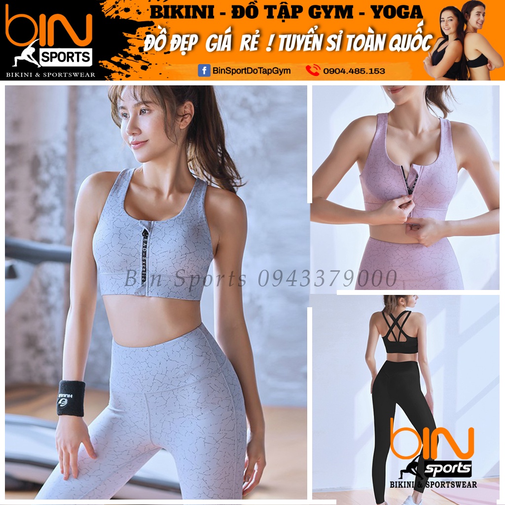 Set bộ đồ tập gym yoga nữ vân đá áo bra quần dài kèm mút hàng quảng châu cao cấp Bin Sport BD119