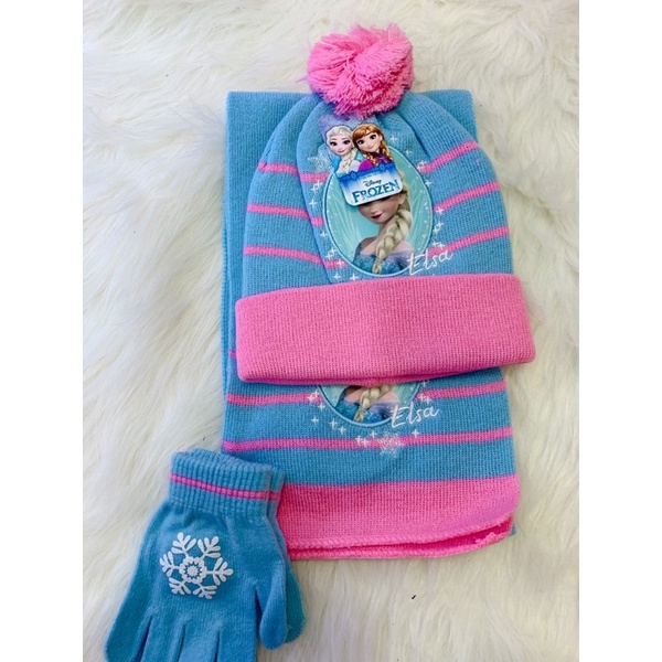 Sét KHĂN +MŨ +GĂNG TAY  3in1 hình Elsa cho bé gái