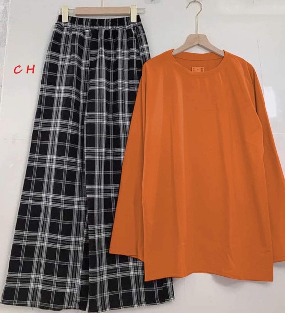 Sét áo xuông da cá quần kẻ đen C.OH866