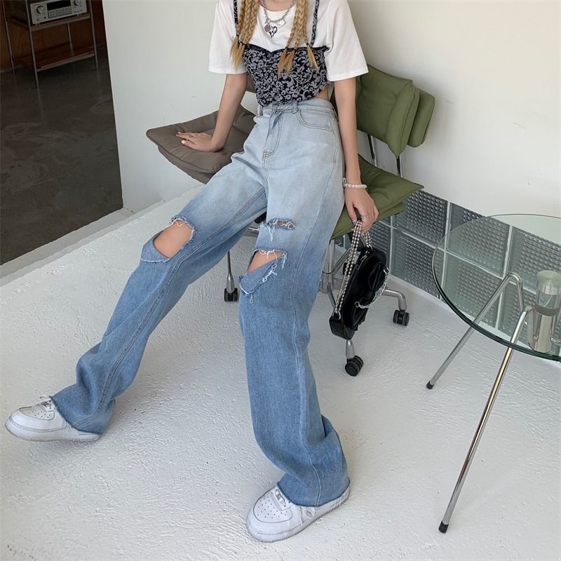 Quần Jeans Dài Lưng Cao Ống Rộng Phối Vết Rách Màu Sắc Vintage Cho Nữ