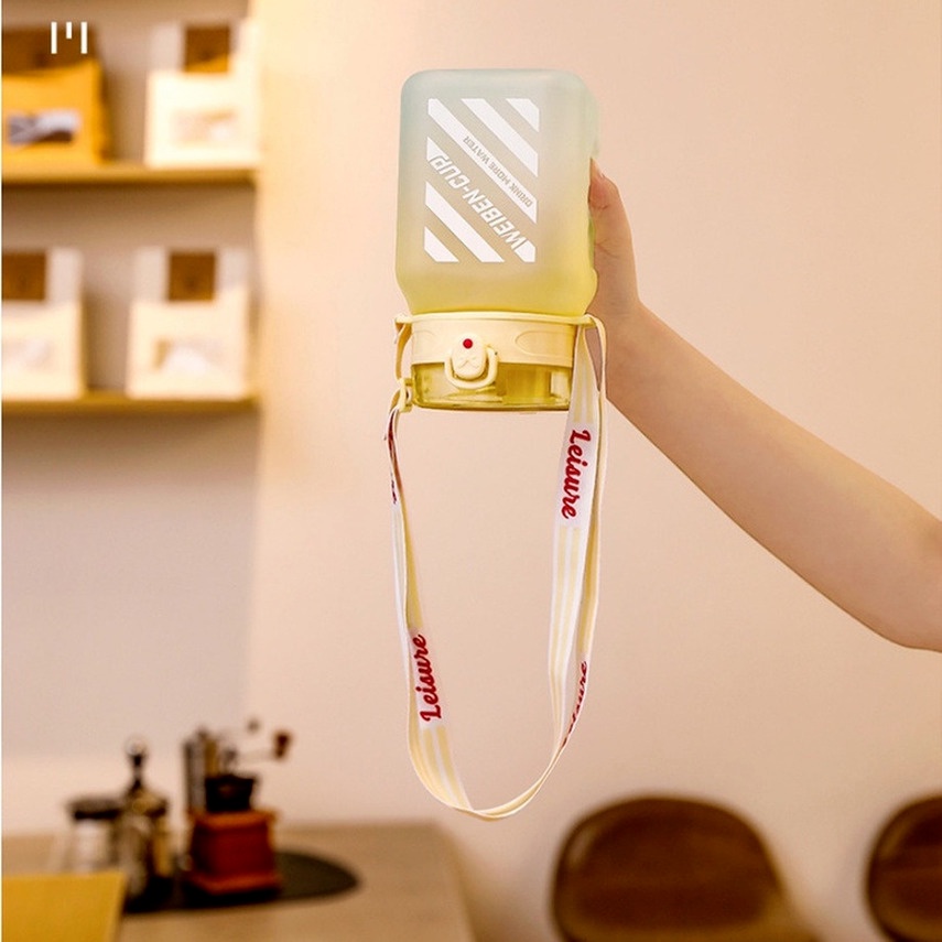 Bình Nước 1200Ml Hình Vuông Màu Gradient Kèm Ống Hút Và Dây Đeo Cho Thể Thao Ngoài Trời