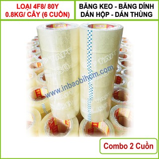 2 Cuộn Băng keo dán thùng - Loại 0.8kg/ Cây (6 cuộn) - Bản 4F8 - (InbaobiHCM - Thùng giấy - Hộp giấy carton giá rẻ)