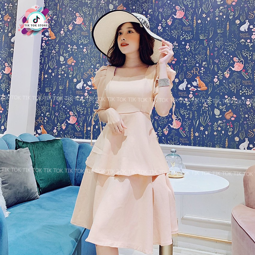 Đầm cổ vuông tay phồng, váy tay bồng kết nơ tay TIK TOK STORE | BigBuy360 - bigbuy360.vn
