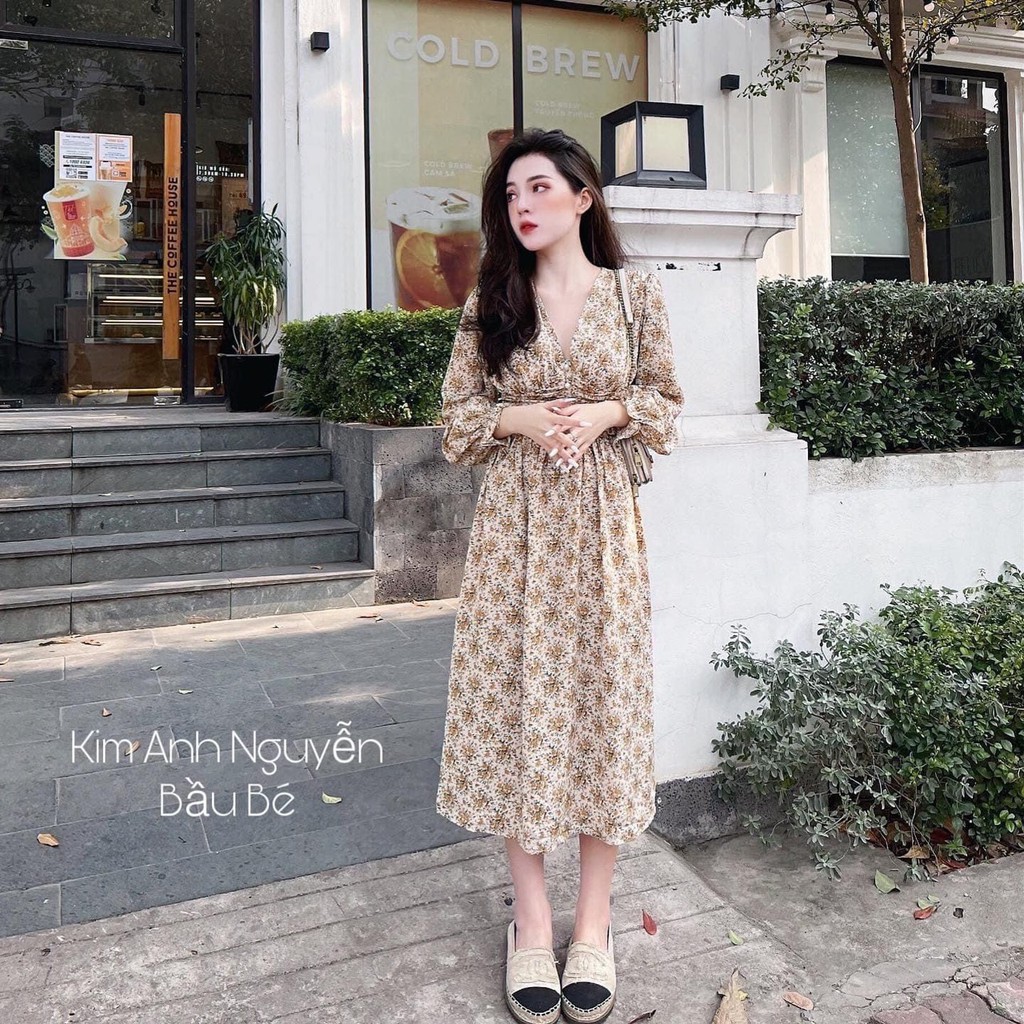 [Mã FAGREEN1505 giảm tới 30K đơn 99K] Đầm Nữ Tiểu Thư , Váy Hoa Nhí Cổ Chữ V Ngọc Dáng Dài